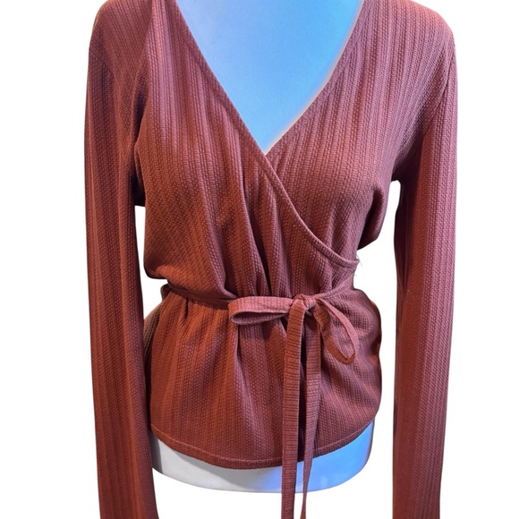 Ribbed Wrap Tie Waist Long Sleeve Top Rust Brown - Picture 5 of 7
